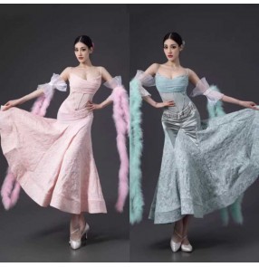 Women girls pink green lace feather ballroom dance dress waltz tango foxtrot smooth dance long gown for female